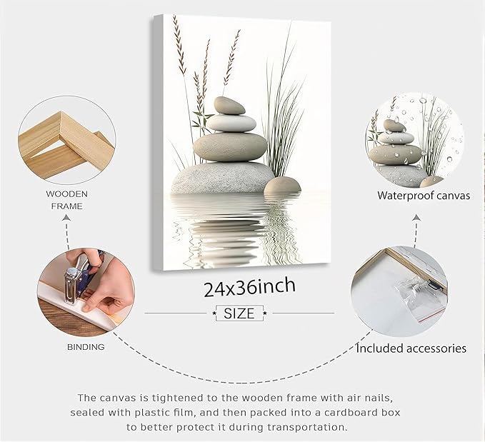 Zen Stone Canvas Wall Art Stacked Stones in Water Poster Print Tranquil Wild Grass Painting Picture for Spa Yoga Meditation Room Bathroom Wall Decor 24x36in Ready to Hang Framed