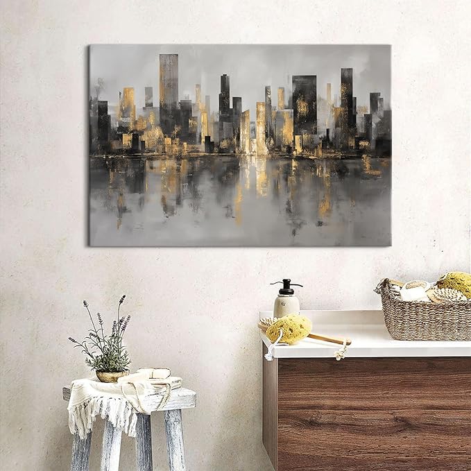 New York City Canvas Wall Art Abstract City Pictures Wall Decor for Living Room Black and Gold NYC Cityscape Prints Paintings Skyline Landscape Artwork for Bedroom Office Home Decorations 16x24"