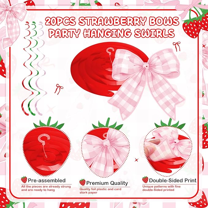 Pink Bow Strawberry Party Hanging Swirls Decorations, Berry Sweet Strawberry Theme Party Foil Ceiling Swirl for Summer Fruit Berry First 1st Birthday Girl Berry Sweet Baby Shower Wedding Bridal Shower