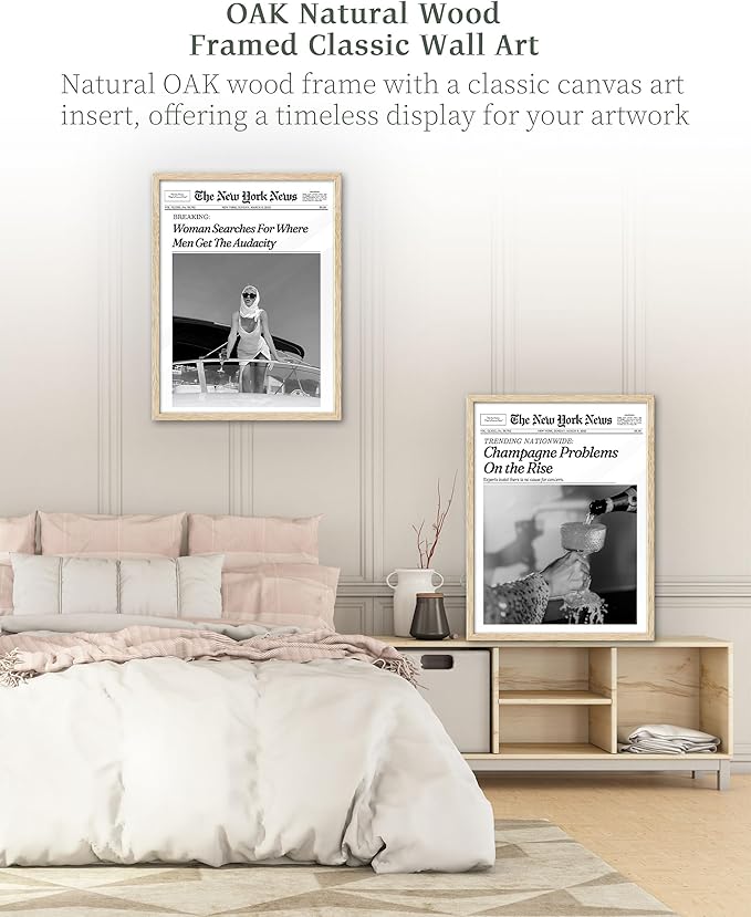 iHery Champagne Problems On the Rise Newspaper Headline Framed Wall Art, Natural OAK Wood Trendy 12x16 in Canvas Wall Art Décor For Bedroom Living Room Bathroom Set of 1