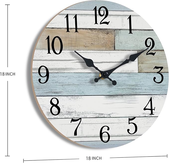 Wall Clock Battery Operated 18 Inch Large Silent Non Ticking Coastal Design Country Rustic Retro Decorative for Bathroom Kitchen Living Room Bedroom