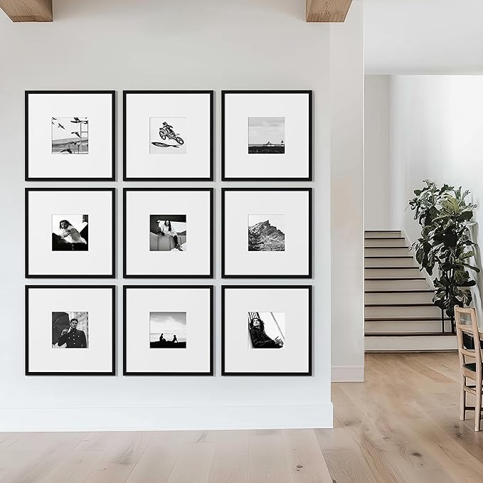 eletecpro 18x18 Picture Frames Set of 9, Classic Gallery Wall Frame Set for 8x8 Photos with Mat or 18x18 without Mat, Storyline Picture Frame for Art Prints, Black Poster Frames for Home Decor Wall