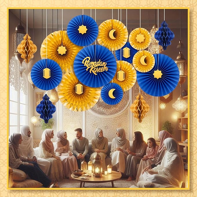 Epakh 29 Pcs Ramadan Decorations for Home Ramadan Hanging Paper Lantern Eid Wall Ceiling Decoration Honeycomb Paper Fan Eid Mubarak Home Decoration Birthday Wedding Party Supply(Blue & Gold)