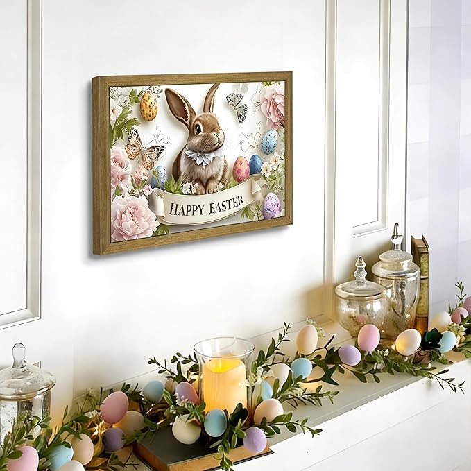 Framed Easter Bunny Wall Art, Vintage Holiday Decor Oil Painting, Rustic Farmhouse Spring Animal Wall Decor, Cute Rabbit Easter Eggs Canvas Print Paintings for Living Room Bedroom Nursery 16x24 Inch