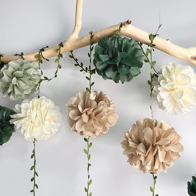 Sage Green Beige Party Decorations Tissue Paper Flowers Pom Pom with Leaf Ribbon Hanging Garland Streamer for Neutral Baby Shower Birthday Wedding Bachelorette Safari Jungle Woodland Party Supplies