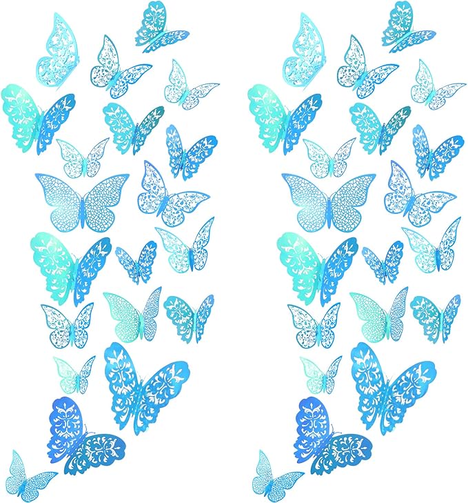 Bememo 72 Pieces 3D Butterfly Wall Decals Sticker Decal Wall Decor Art Decorative Sticker 3 Sizes for Room Offices Bedroom Bathroom Living Room Decor(Holographic Blue)