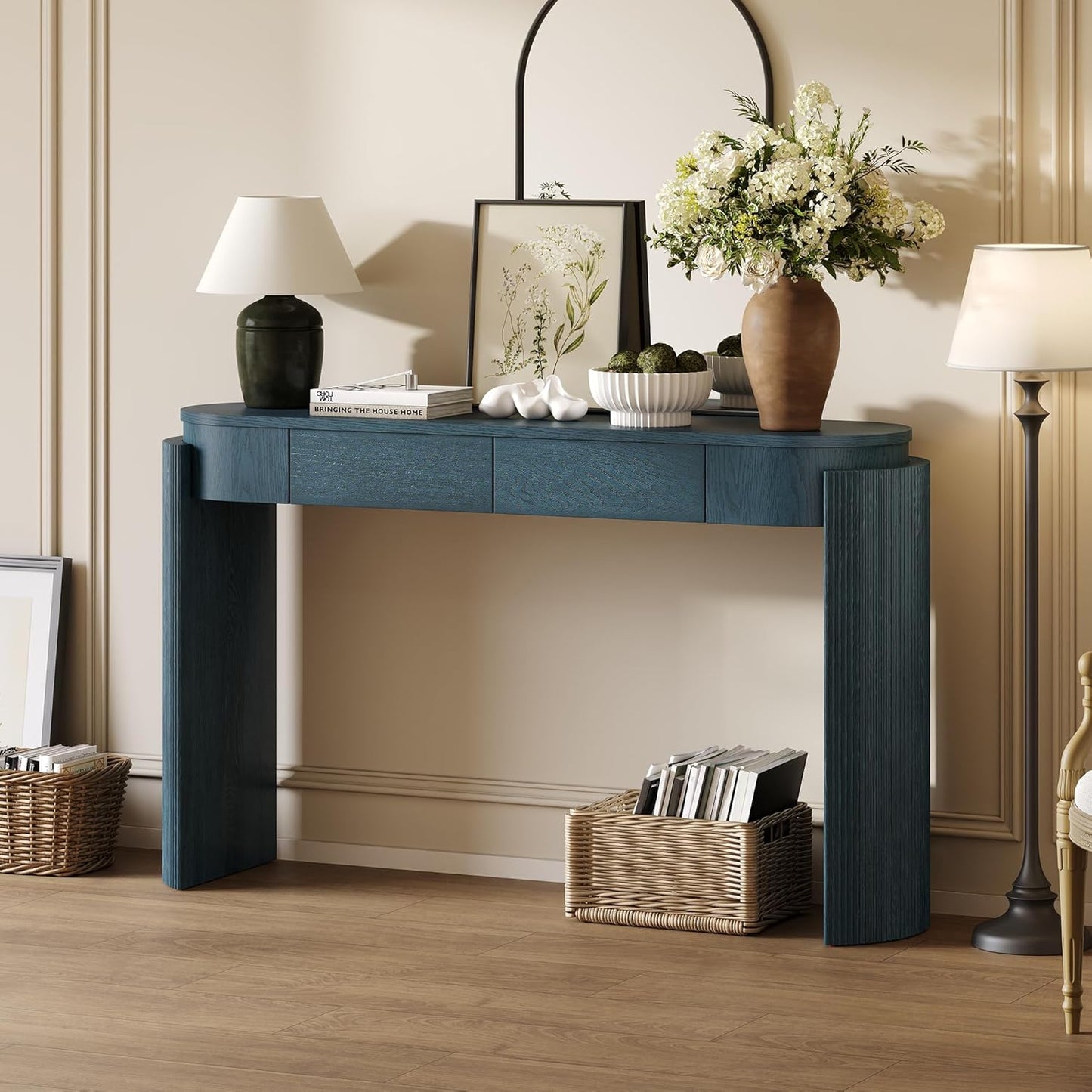 55" Sofa Table with Oval Top and 2 Drawers, Entryway Console Table with Fluted Design for Hallway,Foyer,Entry and Living Room (Fully Assembled-Navy)