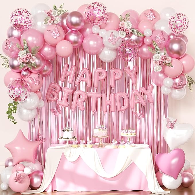 Pink Birthday Decorations for Women Girls, Metallic Pink Pearl White Confetti Foil Balloons Happy Birthday Banner Butterfly Fringe Curtains for birthday Party Supplies