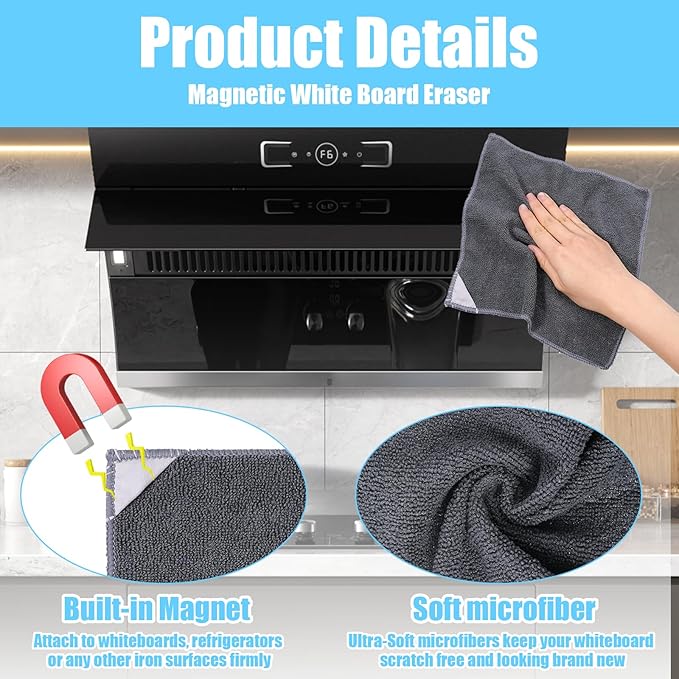 4 Pack Magnetic Cleaning Cloth Microfiber Dry Erase Eraser Board Cleaner Washable Whiteboard Cleaning Cloth Erasers for Blackboards Chalkboards Glassboards Home Office Gray 9.5'' x 9.5''