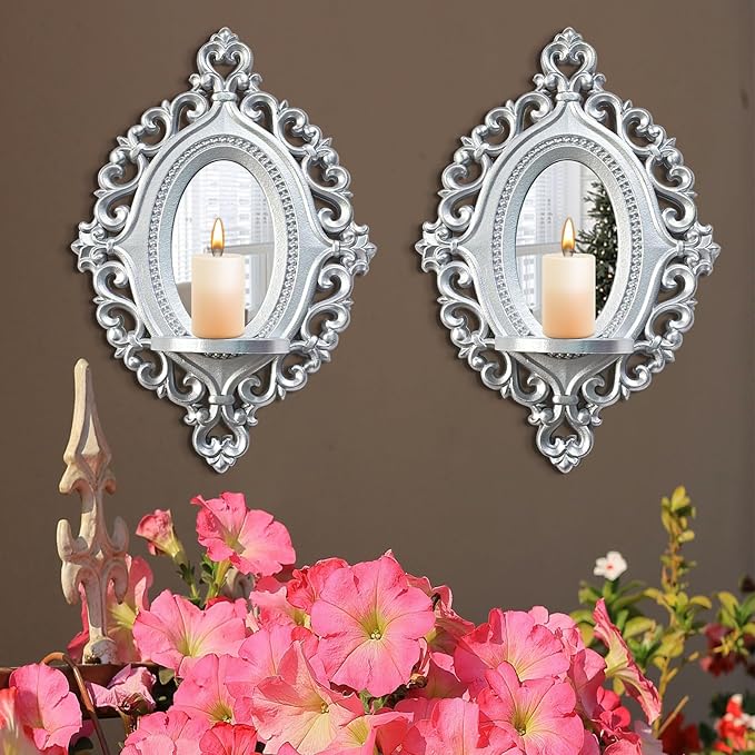 Three-Dimensional Relief Candle Sconces Set 2 Rustic Wall Mount Candle Holders Wood Hanging Wall Decor Mirrored Wall Art Hand Carved Home Decoration