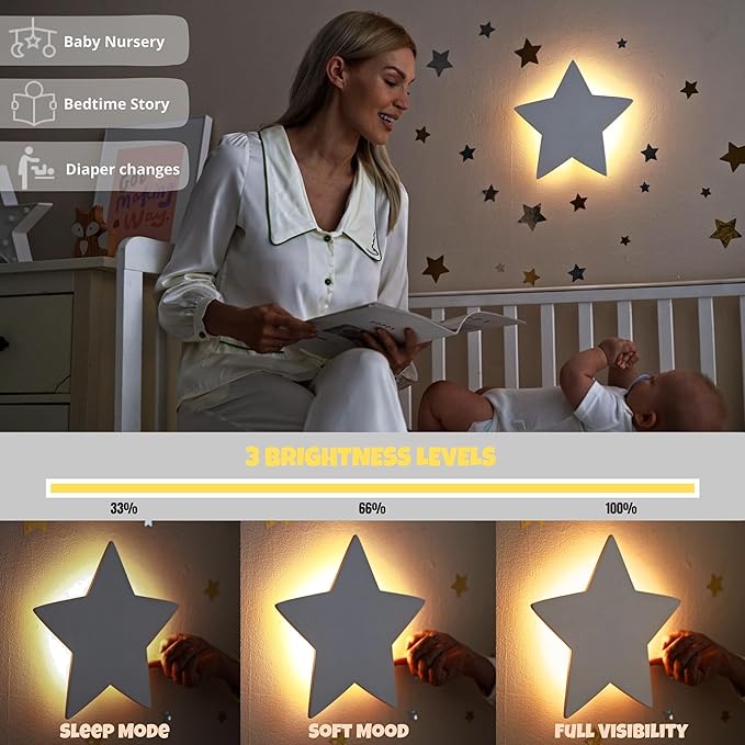 Star Wall Light for Nursery – Crib and Toddlers Night Light - Rechargeable & Dimmable Warm Light - 106 Pcs Moon and Star Decals Included