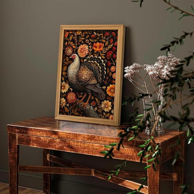 Framed Vintage Turkey 3D Textures Wall Art – Fall Floral Thanksgiving Wall Decor, Rustic Autumn Harvest Bird Artwork Painting for Living Room Kitchen Dining Room – 16x24in