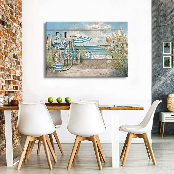Large Blue Ocean Wall Art Abstract Coastal Seascape Picture for Living Room Decor Seaside Landscape Poster Rustic Dune Beach Prints Farmhouse Artwork Kitchen Living Room Decoration 32x48"