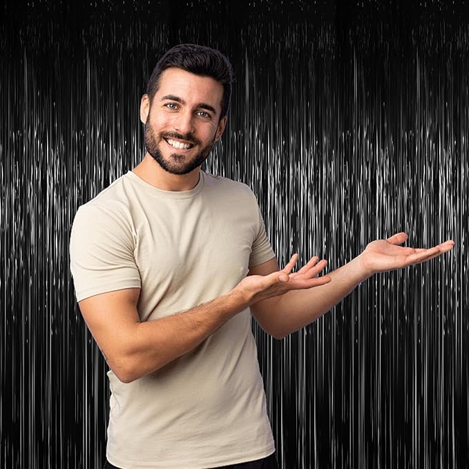 3.3 x 6.6 ft Foil Fringe Backdrop Curtains, Tinsel Streamers Party Decorations, Fringe Backdrop for Birthday, Baby Shower, Gender Reveal, Graduation (9, Black)