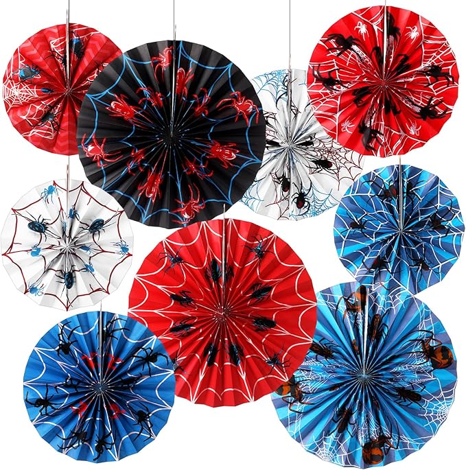 Outus 9 Pcs Spider Web Birthday Party Decorations Spider Paper Fans Party Decorations Red White Blue Black Hanging Ceiling Decor Wall Backdrop Garland Halloween Web Themed Birthday Supplies
