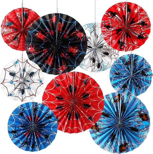 Outus 9 Pcs Spider Web Birthday Party Decorations Spider Paper Fans Party Decorations Red White Blue Black Hanging Ceiling Decor Wall Backdrop Garland Halloween Web Themed Birthday Supplies