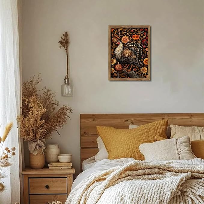 Framed Vintage Turkey 3D Textures Wall Art – Fall Floral Thanksgiving Wall Decor, Rustic Autumn Harvest Bird Artwork Painting for Living Room Kitchen Dining Room – 12x16in