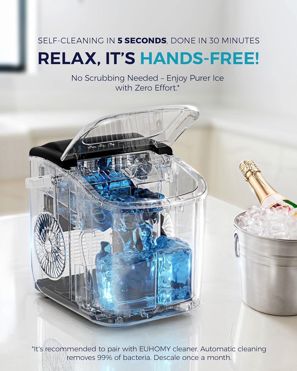 EUHOMY Countertop Ice Maker Machine with Handle, 26lbs in 24Hrs, 9 Ice Cubes Ready in 6 Mins, Auto-Cleaning Portable Ice Maker with Basket and Scoop, for Home/Kitchen/Camping/RV. (Black)
