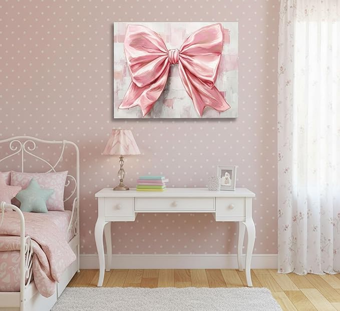 Pink Bow Canvas Wall Art Trendy Cute Preppy Watercolor Bow Painting Pictures Wall Decor Posters Prints Girly Aesthetic for College Apartment Bedroom Decoration