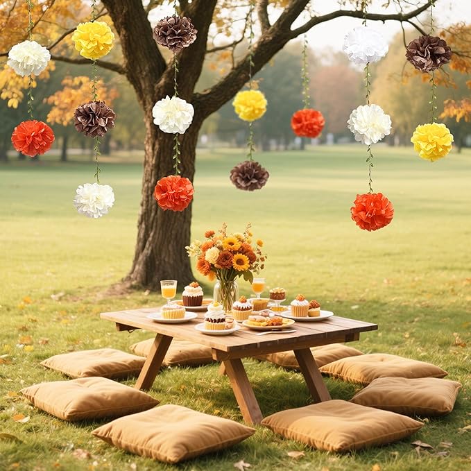 Fall Party Decorations Orange Yellow Brown Beige Tissue Paper Flowers Pom Pom Leaf Ribbon Hanging Garland Streamer for Thanksgiving Harvest Birthday Bachelorette Baby Shower Wedding Party Supplies