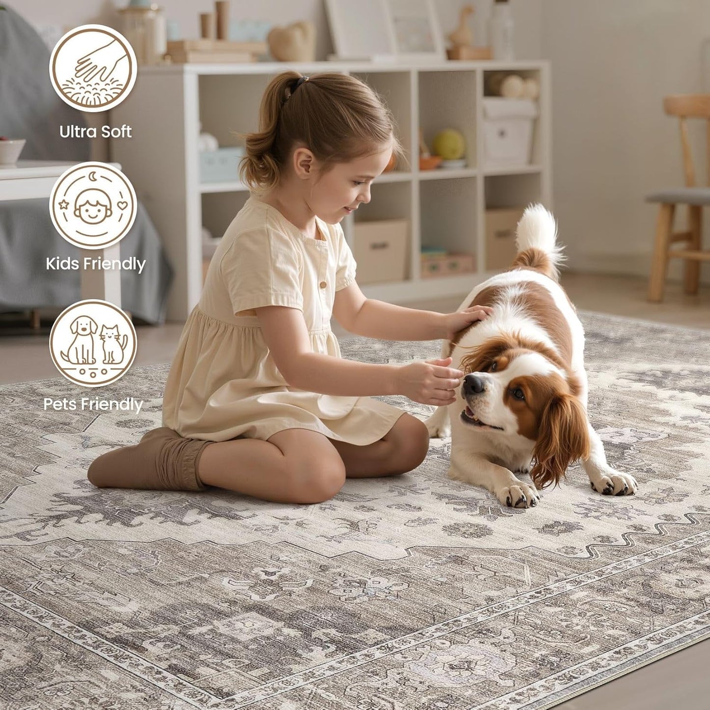 Washable Area Rugs for Living Room - 7x9 Neutral Vintage Distressed Floral Farmhouse Boho Large Soft Floor Rug Indoor Non Slip Carpet for Living Room Bedroom Dining Room Office -Brown/Beige