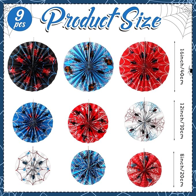 Outus 9 Pcs Spider Web Birthday Party Decorations Spider Paper Fans Party Decorations Red White Blue Black Hanging Ceiling Decor Wall Backdrop Garland Halloween Web Themed Birthday Supplies