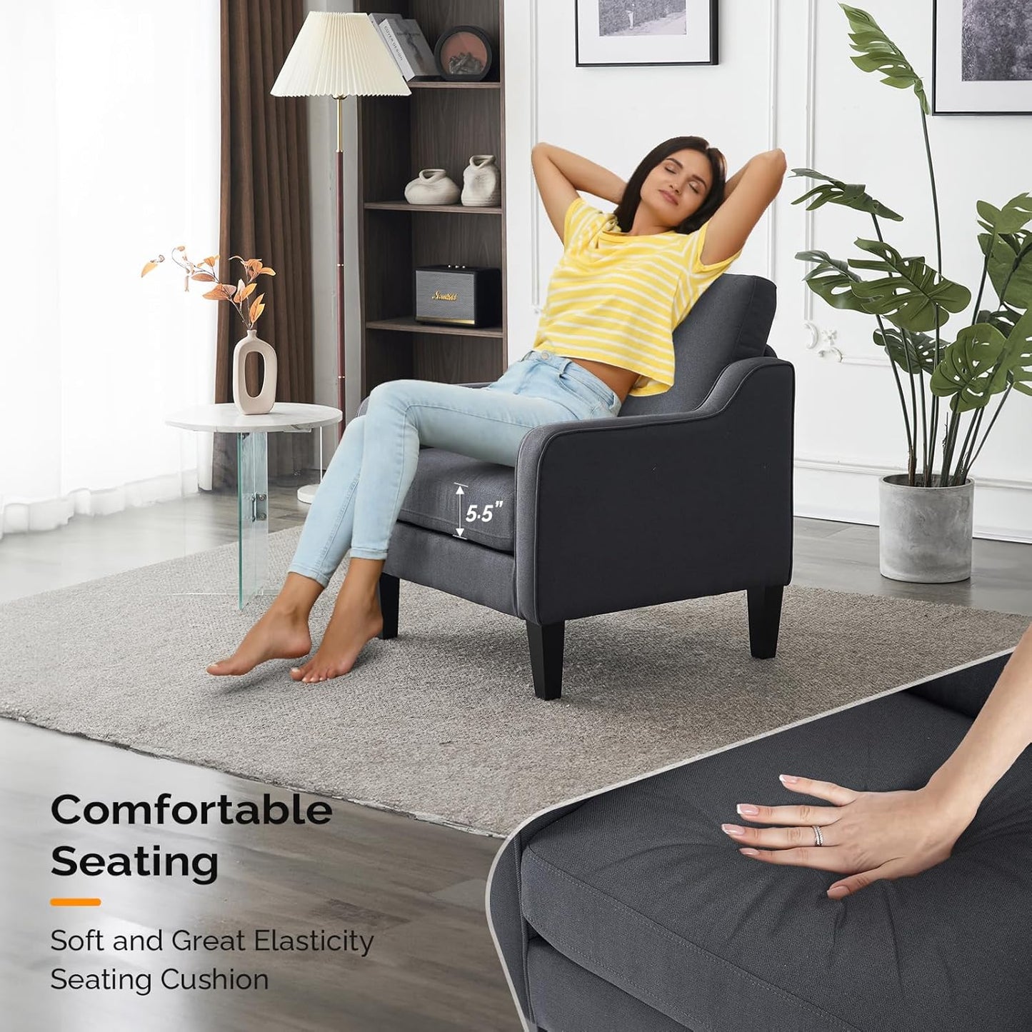 VINGLI Accent Chairs Set of 2 Living Room Chairs Dark Grey Reading Chair for Bedroom Scooped Arm Chair Mid Century Modern Linen Chairs Upholstered Comfy Chair for Apartment, Waiting Room