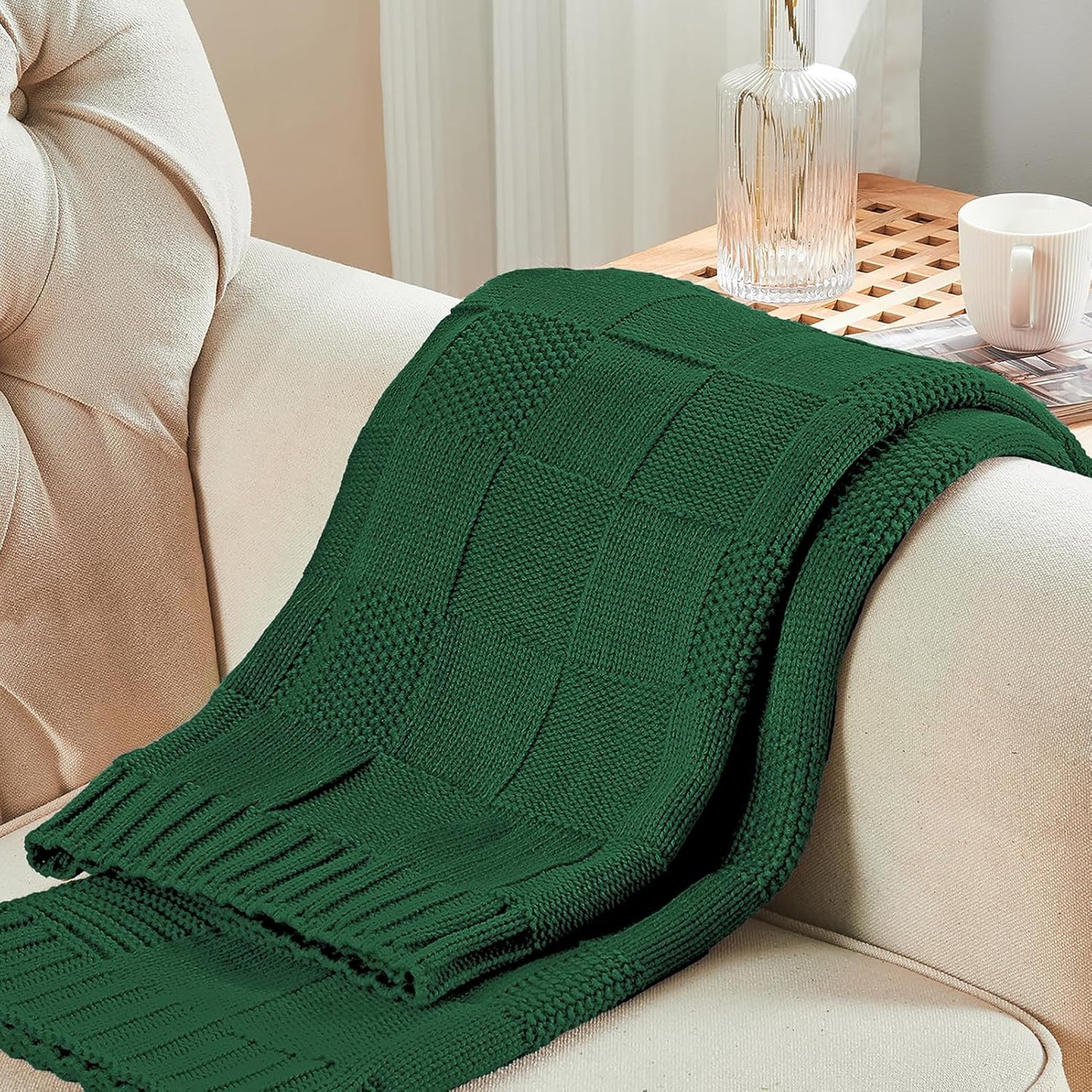 CozeCube Knit Throw Blanket, Green Checkered Throw for Couch, Soft Cozy Warm Knitted Blanket for Bed Sofa Living Room, 60"X80", Forest Green