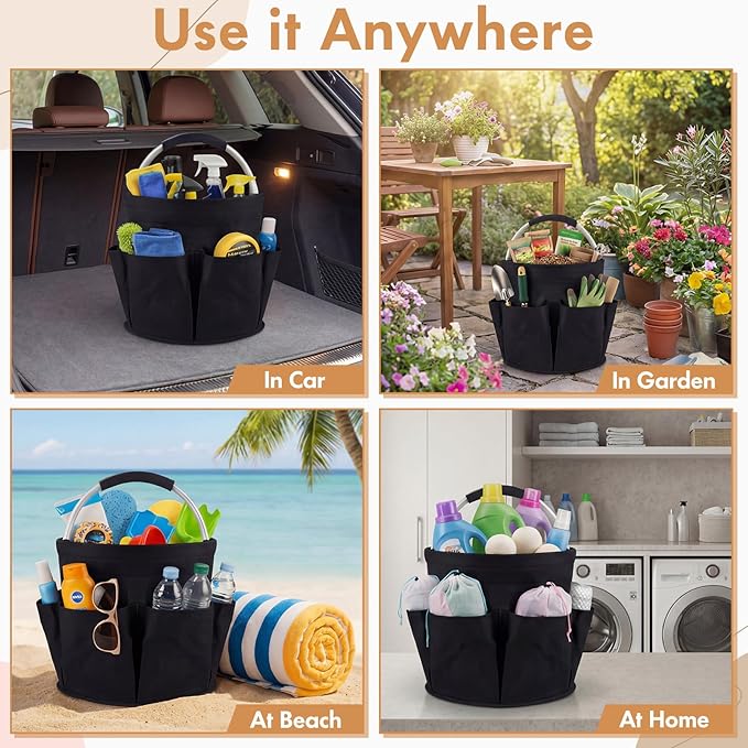 LemonRoad 4 Pack Cleaning Caddy with Handle 17L Foldable Cleaning Supplies Organizer Oxford Cloth Storage Basket with 6 Pockets & Soft Grip Portable Multi Bucket Bag for Home, Garden (Black)