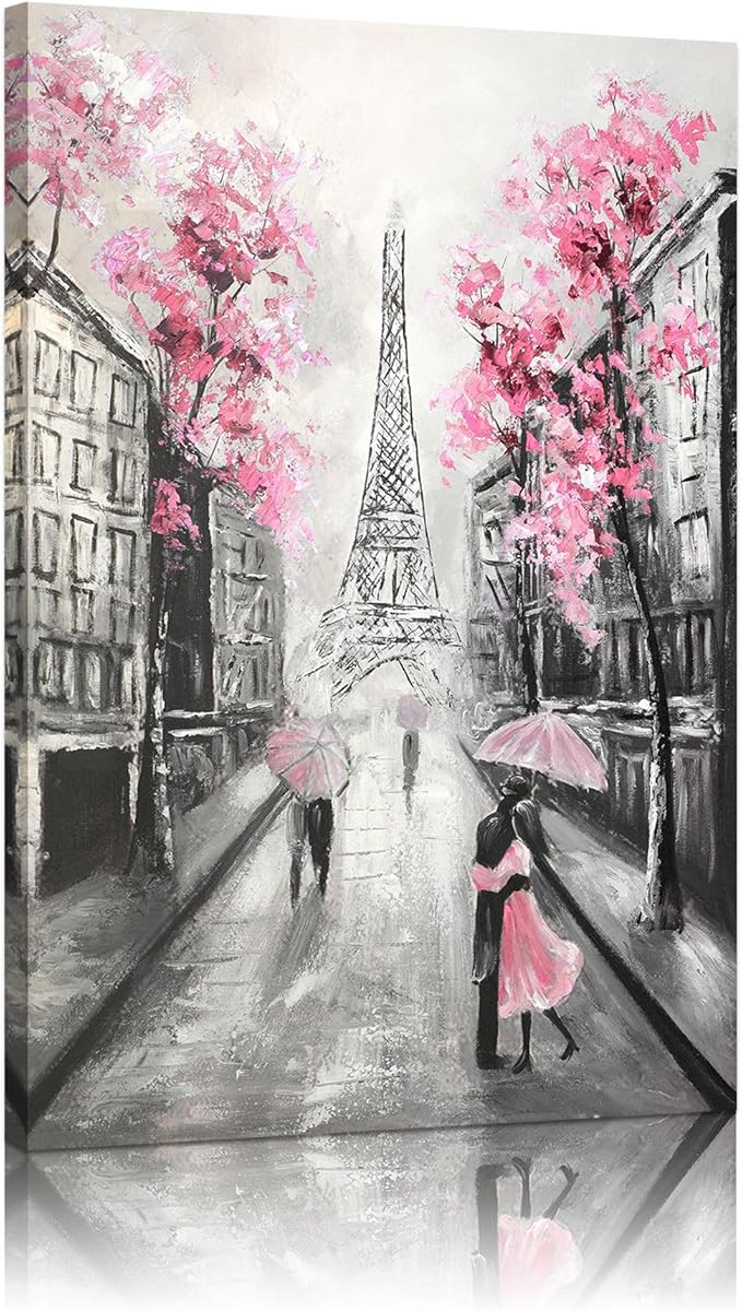 YPY Abstract Paris Canvas Wall Art: Pink and Grey Room Decor for Teen Girls Black White Artwork Eiffel Tower Picture Print Painting Paris Decor for Bedroom Bathroom 10" x 15"