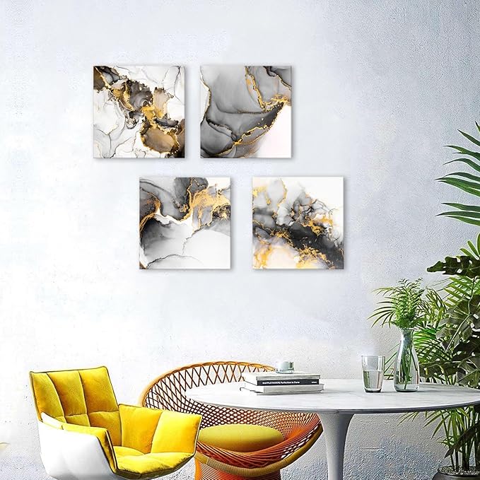 Abstract Texture Wall Art Black and Gold Marble Wall Decor for Living Room Watercolor Ink Fluid Lines Picture Canvas Print Minimalist Painting Framed Artwork Bedroom Office Home Decoration 20x20” 4Pcs