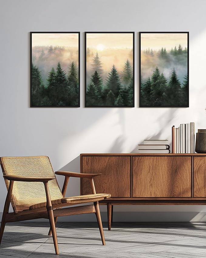 Drsoum Green Fog Pine Tree Landscape Wall Art Framed Nature Misty Nordic Forests Prints Morden Farmhouse Rustic Artwork Hallway Bedroom Ready to Hang 24x36in Black Framed