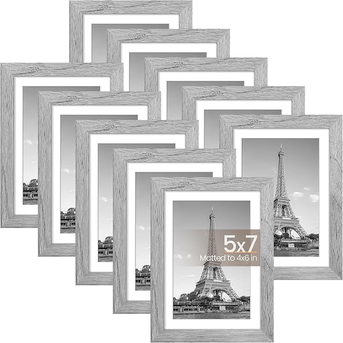 upsimples 5x7 Picture Frame Set of 10, Display Pictures 4x6 with Mat or 5x7 Without, Multi Photo Frames Collage for Wall or Tabletop Display, Gray