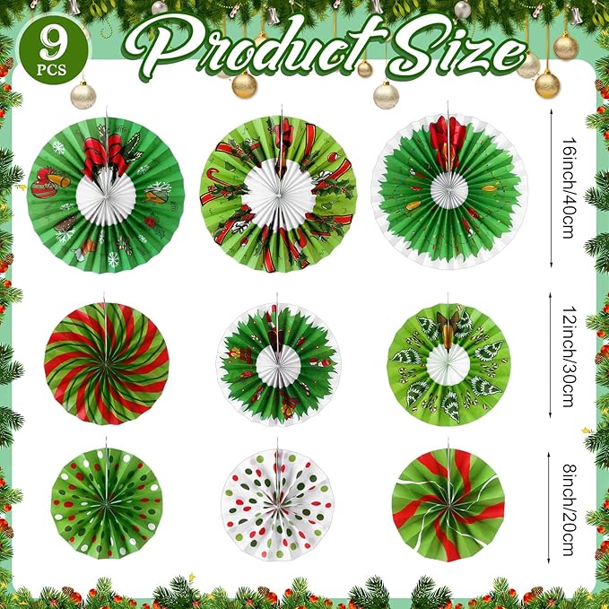 Outus 9 Pcs Christmas Hanging Decorations Candy Paper Fans Peppermint Classroom Christmas Decorations Party Ceiling Wall Hanging Decor Red Green Elf Bulb Wreath Gift Box Winter Holiday Birthday