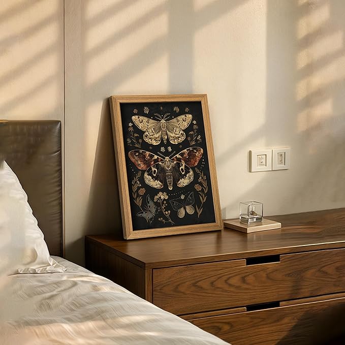 3D Textured Vintage Butterfly Framed Wall Art, Dark Academia Moth Wall Decor Painting, Hand Drawn Sandstone Gothic Moody Insect Artwork Picture for Living Room Bedroom Office 12x16 Inch