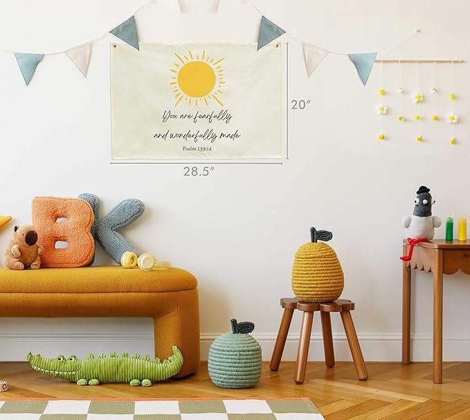 Rectangular Christian Bible Verse Scripture Canvas Banner Wall Decor Flag Sign for Baby Girl Kids,Nursery Bedroom Playroom Nursery Wall Decor,Baby Shower Baptism Christmas Gift-You Are Fearfully