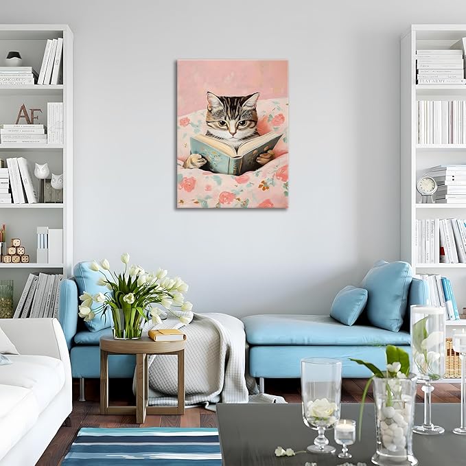 Framed Cats Canvas Wall Art, Funn Tabby Cat Reading Books Picture Wall Decor, Pink Vintage Animal Poster Prints for Girls Room Bedroom Kids Room Living Room Bathroom Decor 12x16 inch