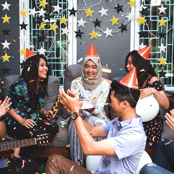Patelai Glitter Star Garland Banner 2026 Graduation Decor 130 Feet Star Hanging Banner Twinkle Backdrop for Party Birthday Classroom Wedding Supplies(Silver Gold Black)