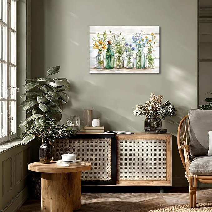 Rustic Green Bathroom Wall Art Retro Green Flower Watercolor Bottles Canvas Painting Rustic Bathroom Picture Prints Farmhouse Country Floral Wall Decor for Bedroom Living Room Ready to Hang 12x16"