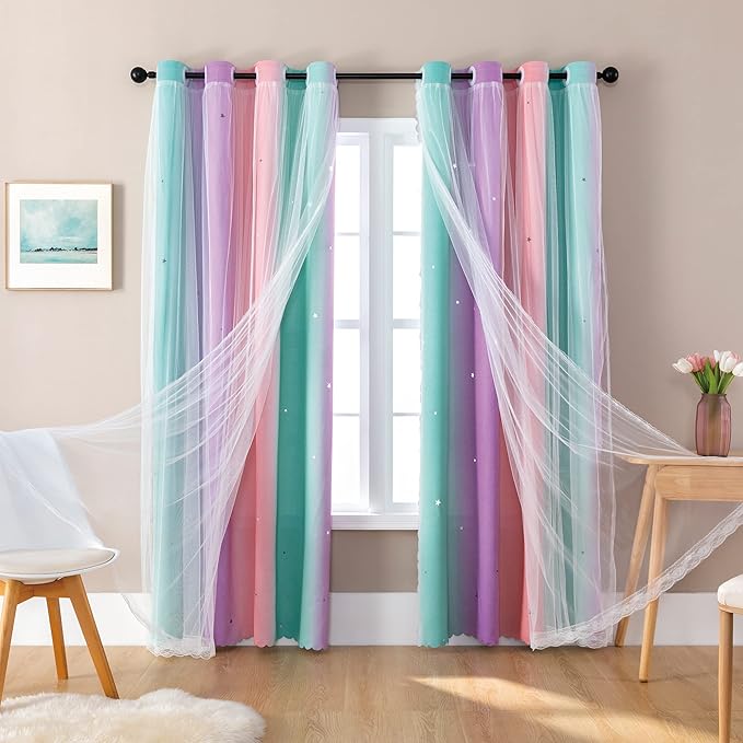 XiDi Curtains for Bedroom Decor, Rainbow PinkPuGreen-62-84