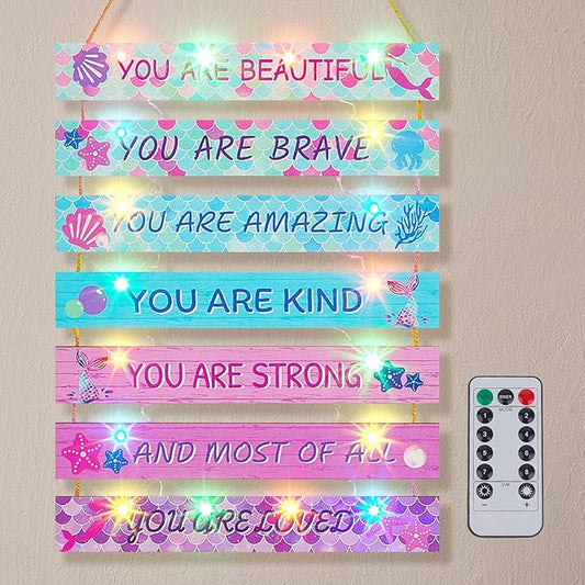FIOBEE Girls Room Décor for Teen Girls Boys with LED Light Wall Decor for Bedroom Motivational Inspirational Wall Art Room Decoration for Kids Studyroom, 8 Kinds of Lights, Pink Green Mermaid