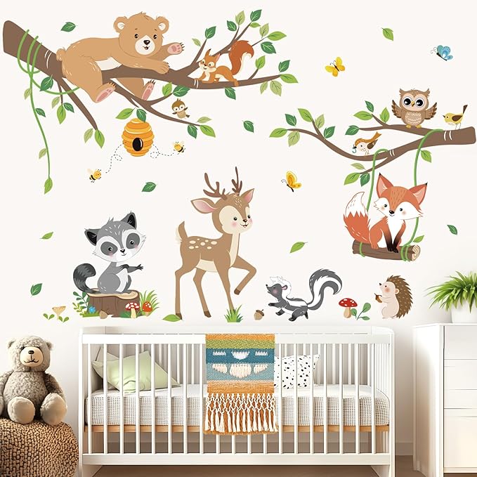 decalmile Woodland Animals Tree Branch Wall Decals Forest Animals Bear Deer Fox Wall Stickers Living Room Baby Nursery Kids Room Wall Decor