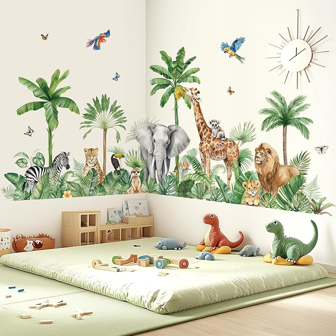 decalmile Large Safari Animals Tropical Tree Wall Decals Jungle Animals Giraffe Elephant Lion Wall Stickers Living Room Baby Nursery Kids Room Wall Decor(XXL)