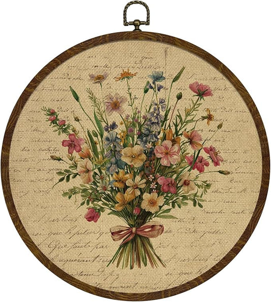 KLYTINK Vintage Floral Round Wall Art Decor,Boho Wildflower Botanical Canvas Print,Retro Wall Hnging Decor for Farmhouse Bedroom Living Room Gallery Space 10"x10"(Letter Flowers-04)