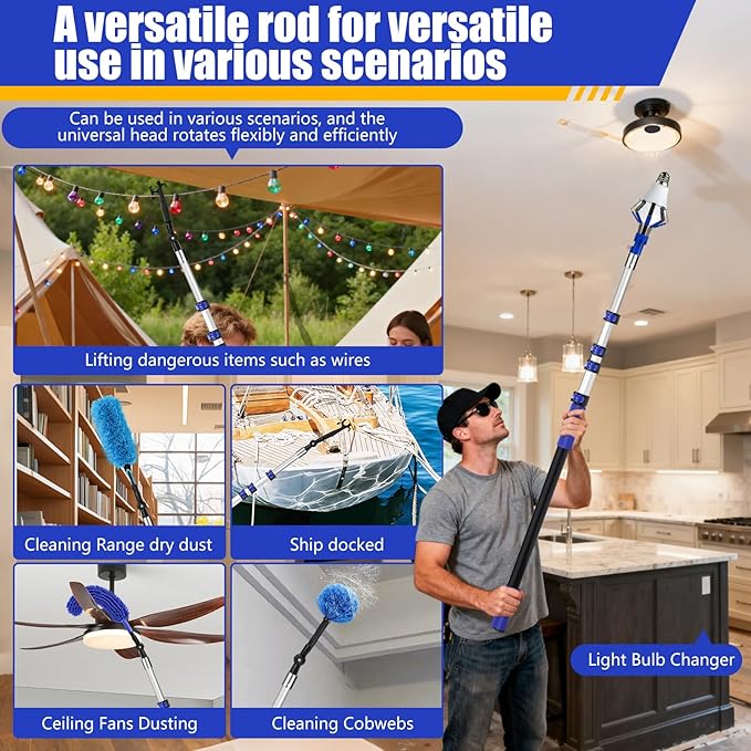 20FT Light Bulb Changer for High Ceilings with 5-12FT Heavy Duty Extension Pole,High Ceiling Fan Duster Extendable Reusable Cobweb,Feather,Window Cleaning Squeegee Kit for Home & House,Interior Roof