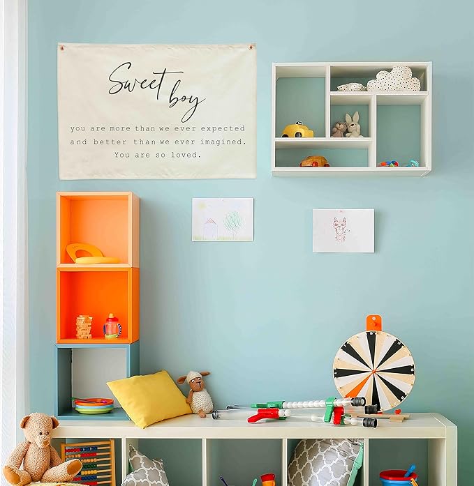 Nursery Rectangular Canvas Banner Wall Decor for Nursery Bedroom Playroom Decoration,Poster Flag Sign Wall Art for Baby Boy Kids Teen,Baby Shower Birthday Christmas Gift-Sweet Boy Quote
