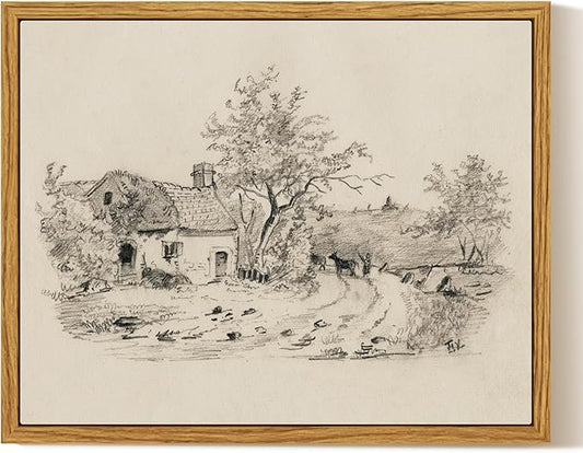 InSimSea Framed Canvas Print Art, Vintage Countryside Sketch Landscape Painting, Rustic Farmhouse Cottage Decor for Hallway Wall Floating Shelf Desk Vanity Fireplace,10x8in, Neutral Tones
