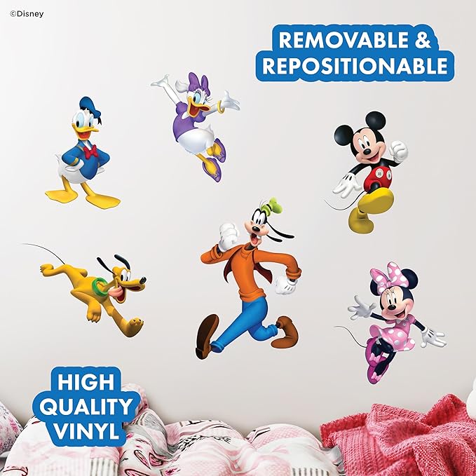 Disney Mickey & Friends Wall Decals - Set of 6 Removable Vinyl Stickers for Kids Bedroom Playroom Bathroom - Peel and Stick Room Décor