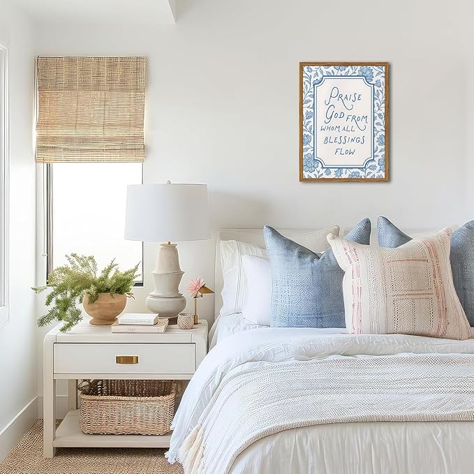 Framed Christian Wall Art, Bible Verse Praise God From Whom All Blessings Flow Pictures Wall Decor, Blue Floral Scripture Paintings Canvas Prints Religious Home Decor for Prayer Living Room 12x16 inch