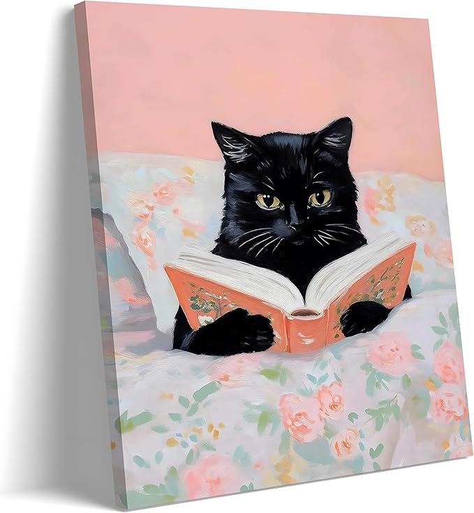 Framed Cats Canvas Wall Art, Funn Black Cat Reading Books Picture Wall Decor, Pink Vintage Animal Poster Prints for Girls Room Bedroom Kids Room Living Room Bathroom Decor 12x16 inch